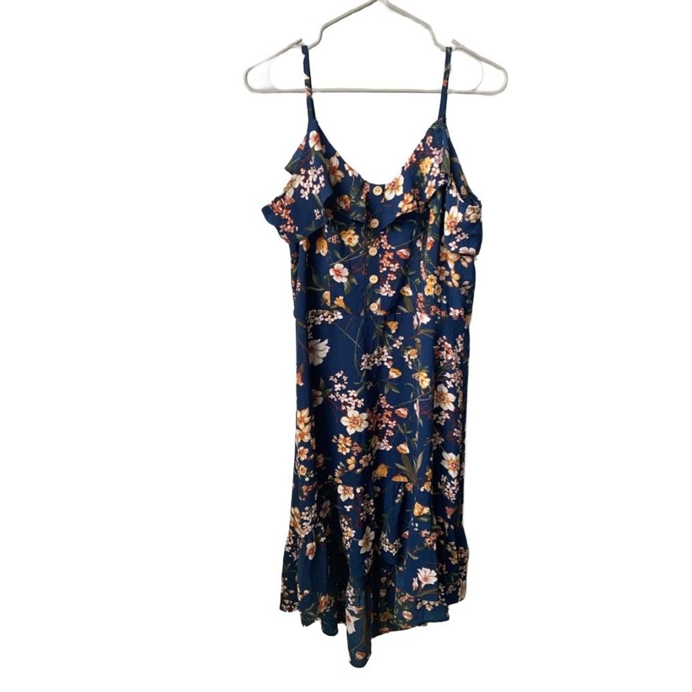 BY & BY Women’s Navy Blue Slip Under Floral Print Gauze Overlay Midi Dress